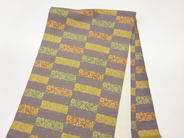  あらいそ製　縞・横段に青海波・花葉模様織出し開き名古屋帯（額縁仕立て）